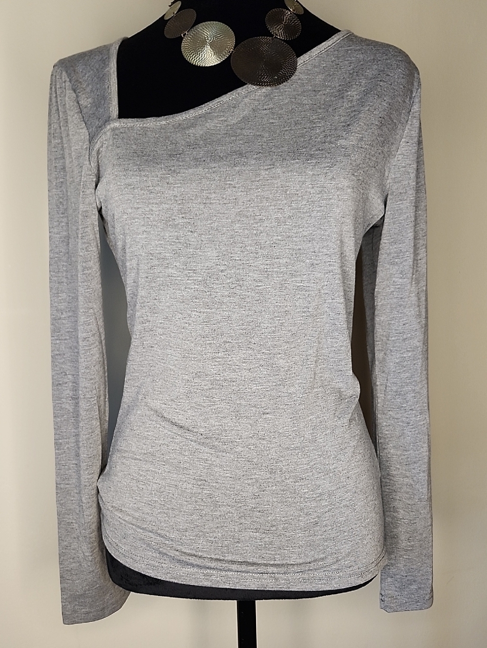 Gray Asymmetrical Neck Long Sleeve Top Women's Medium Stretch Going Out Tee